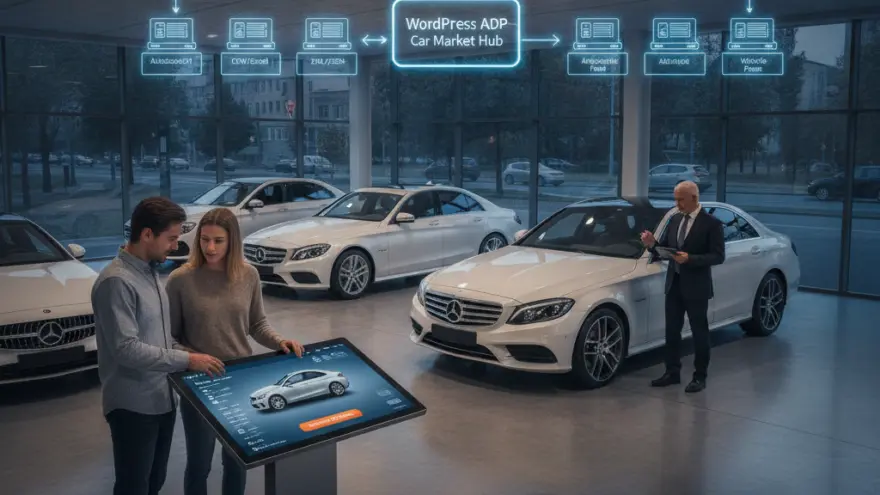 Un couple regarde une voiture sur une borne tactile dans une concession automobile avec des berlines blanches en arrière-plan.