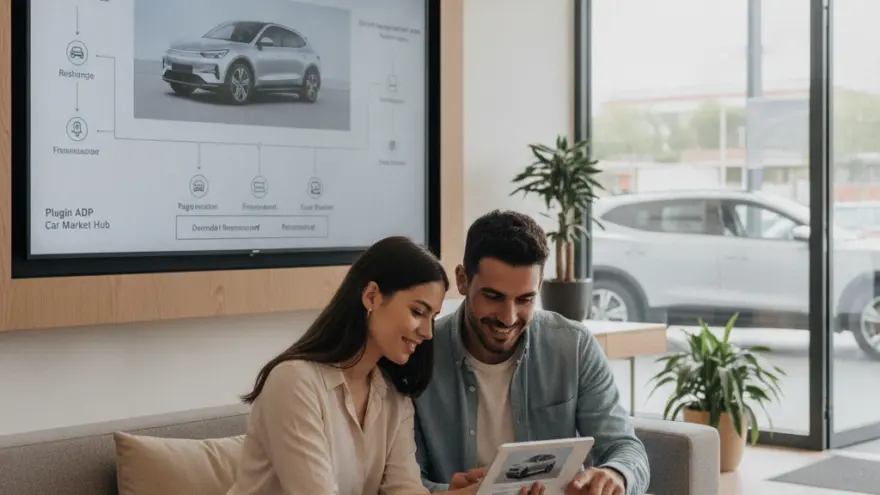 Un couple assis sur un canapé regarde une tablette dans une concession automobile, devant un grand écran affichant un processus d'achat en ligne.