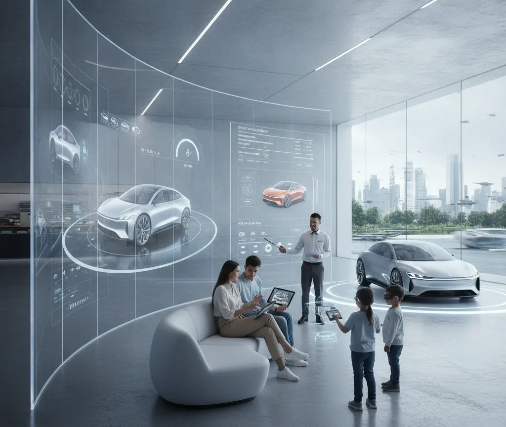 Un conseiller présente des modèles de voitures électriques à une famille dans un showroom futuriste équipé d'un grand écran transparent incurvé.