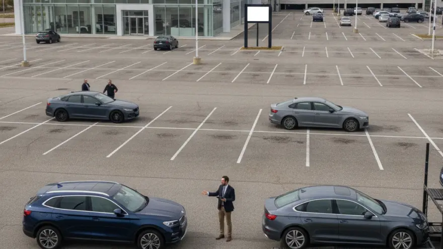 Un homme en costume présente des voitures garées sur le grand parking d'une concession automobile moderne par temps nuageux.