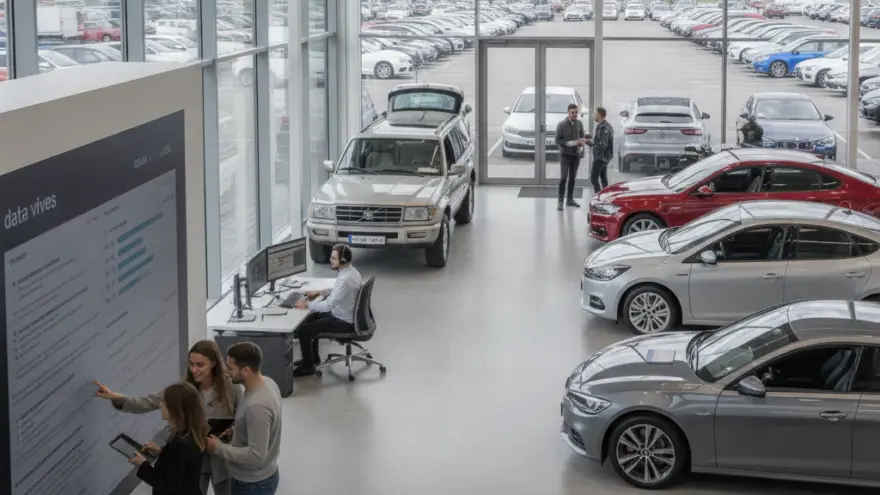 Vue en plongée de l'intérieur d'une concession automobile lumineuse avec plusieurs voitures exposées, des clients et des conseillers.