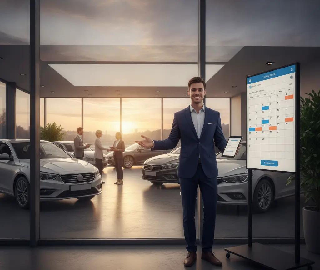 A smiling man in a blue suit stands in a car showroom holding a tablet next to a large digital calendar display, with cars and other people visible in the background.