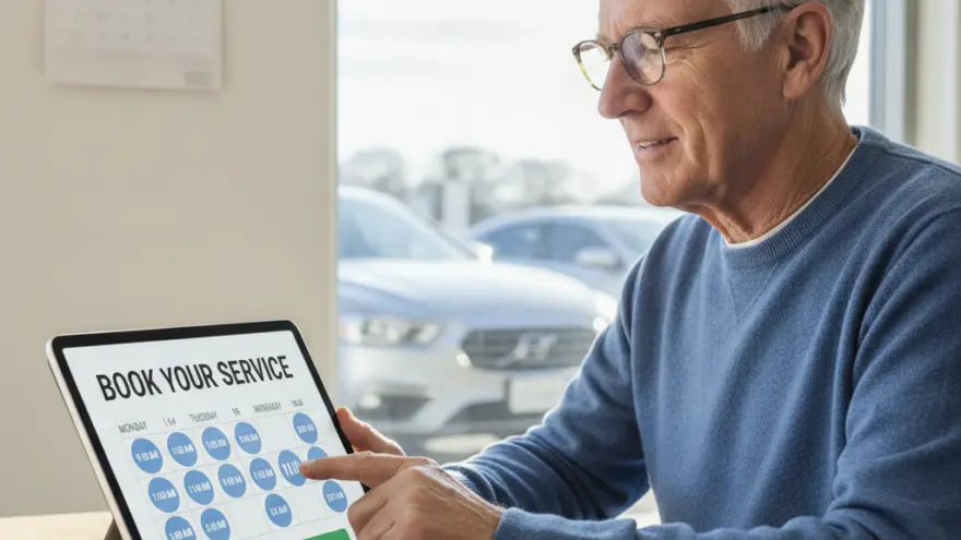 A senior man with glasses uses a tablet to book a service appointment, with cars visible through a window behind him.