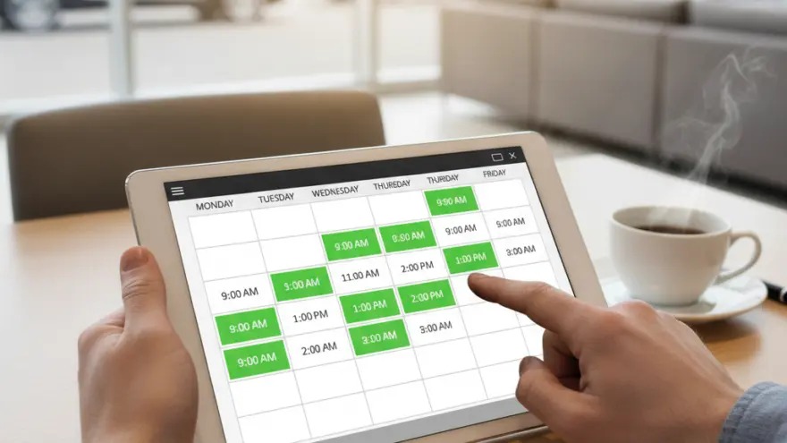 A person uses a finger to select a time slot on a digital calendar displayed on a tablet at a table with a steaming cup of coffee.