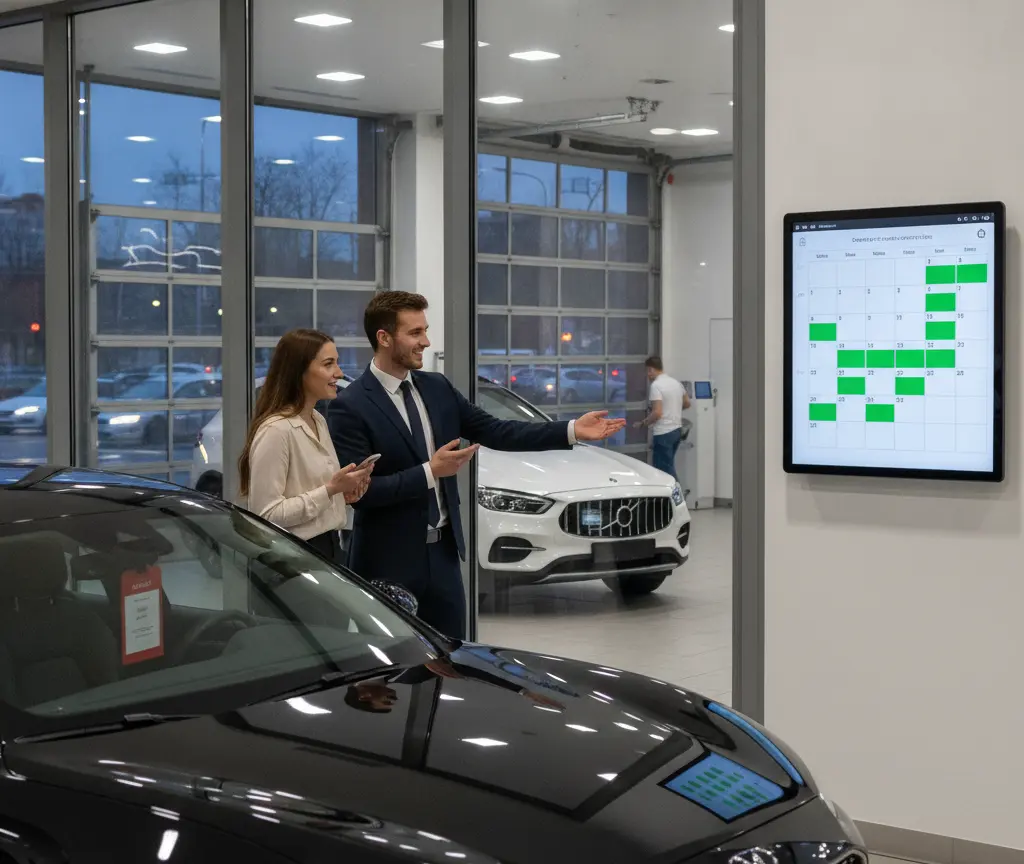 A salesman in a suit gestures toward a wall-mounted digital calendar screen while speaking with a female customer inside a car dealership showroom.