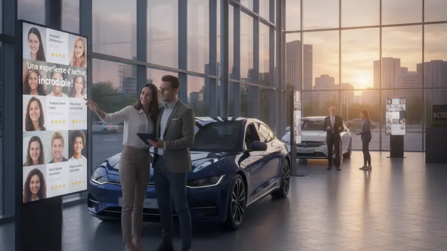 Un couple regarde un grand écran tactile affichant des avis clients à côté d'une voiture bleue dans une concession automobile lumineuse.