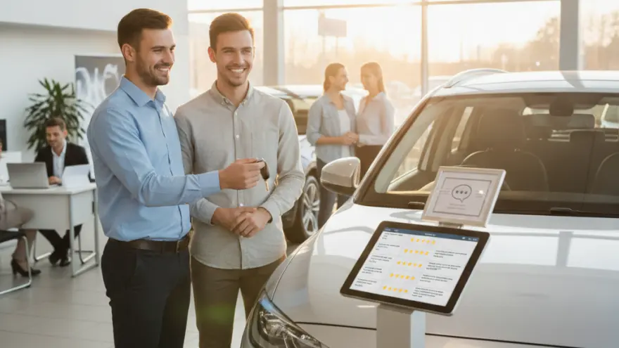 Un conseiller remet les clés d'une voiture neuve à un client souriant dans une concession automobile.