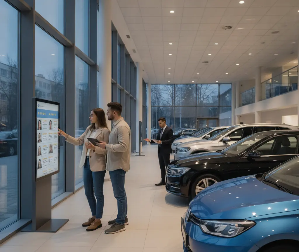 Un couple regarde un grand écran tactile interactif dans la salle d'exposition d'une concession automobile, à côté de plusieurs voitures neuves alignées.