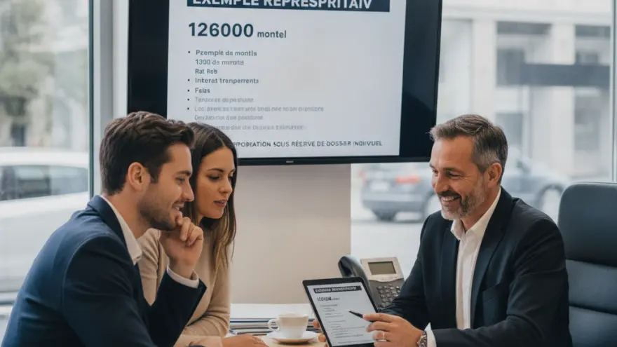 Un conseiller en costume montre une tablette tactile à un jeune couple assis à un bureau devant un grand écran d'affichage.