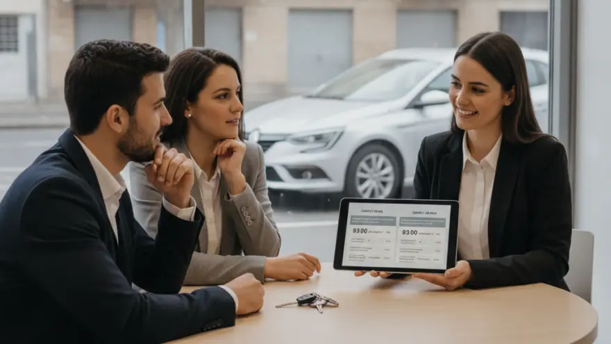Une conseillère montre une tablette à un couple assis autour d'une table ronde avec des clés de voiture posées dessus, devant une baie vitrée donnant sur une voiture blanche.