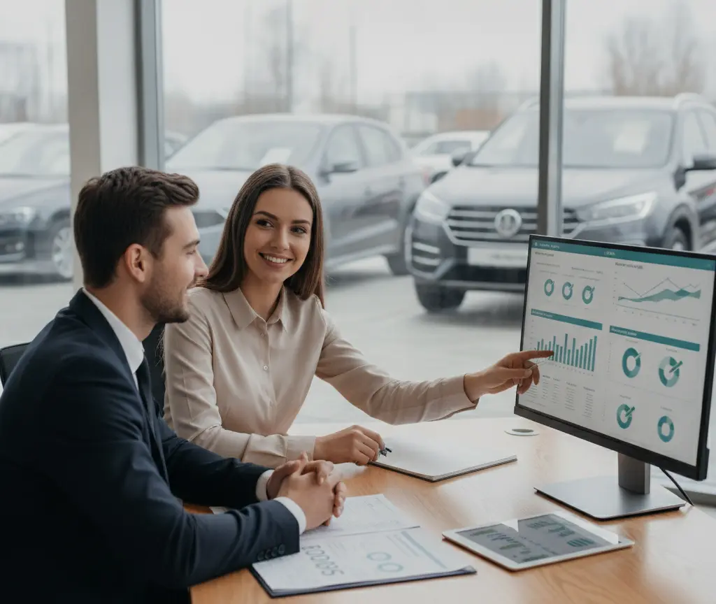 Une conseillère montre des graphiques sur un écran d'ordinateur à un client assis à un bureau dans une concession automobile.