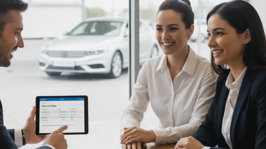 Un uomo mostra un tablet con tassi di interesse a due donne sedute a un tavolo in una concessionaria d'auto.