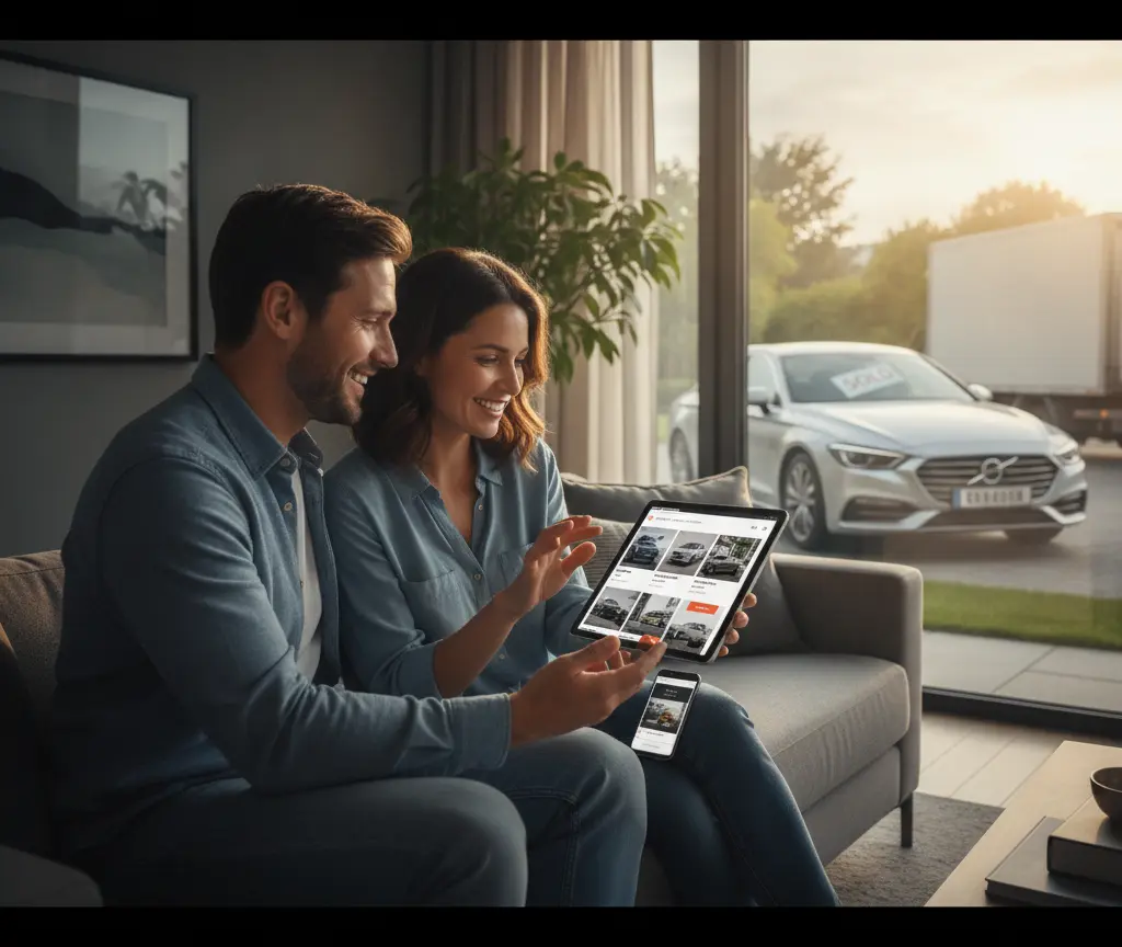 Es Paar sitzt uf em Sofa und luegt zäme uf eme Tablet Auto-Inserat aa, während duss es silbrigs Auto staht.