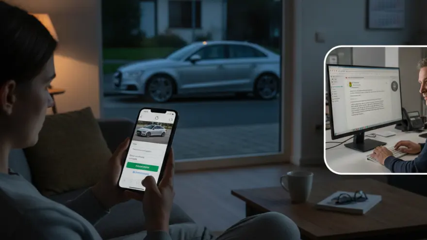 E Frau sitzt am Abig uf em Sofa und bedient es Smartphone, während dussä es silbrigs Auto staht und im Hintergrund en Ma am Computer schafft.