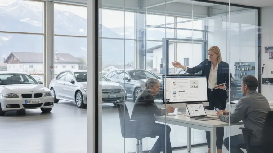 Drei Persone sitzed und stönd inere Besprechig ineme Glasbüro vomne Autohuus, während im Hintergrund mehreri Autos parkiert sind.