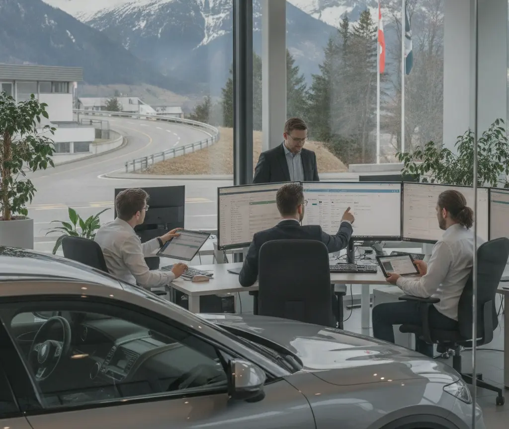 Vier Männer imne Büro mit grosse Fänschter schaffed an Schriibtisch mit Computer, während im Vordergrund es graues Auto staht.