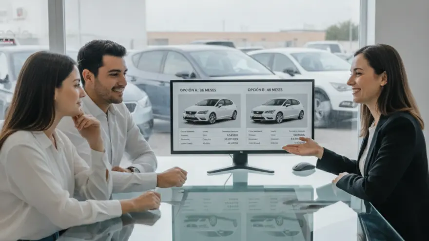 Una asesora de ventas muestra opciones de financiamiento de autos en una pantalla de computadora a una pareja joven sentada frente a ella en una oficina con vista a un estacionamiento.