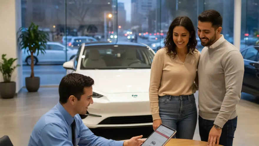 Un vendedor de autos muestra información en una tableta digital a una pareja sonriente en un concesionario con un automóvil blanco al fondo.
