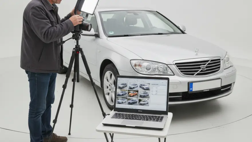 Ein Mann fotografiert ein silbernes Auto in einem weißen Studio mit einer Kamera auf einem Stativ und einem Laptop im Vordergrund.