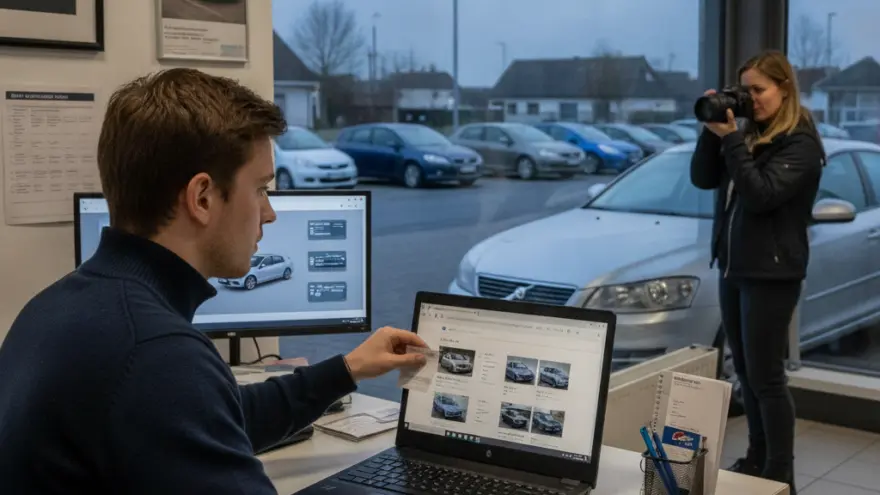 Ein Mann arbeitet an einem Schreibtisch mit Laptop und Monitor in einem Autohaus, während eine Frau im Hintergrund ein Auto fotografiert.
