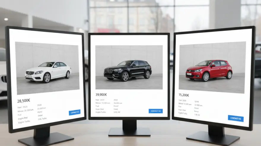 Drei nebeneinander stehende Computermonitore zeigen verschiedene Gebrauchtwagen-Angebote mit Preisen und technischen Daten.