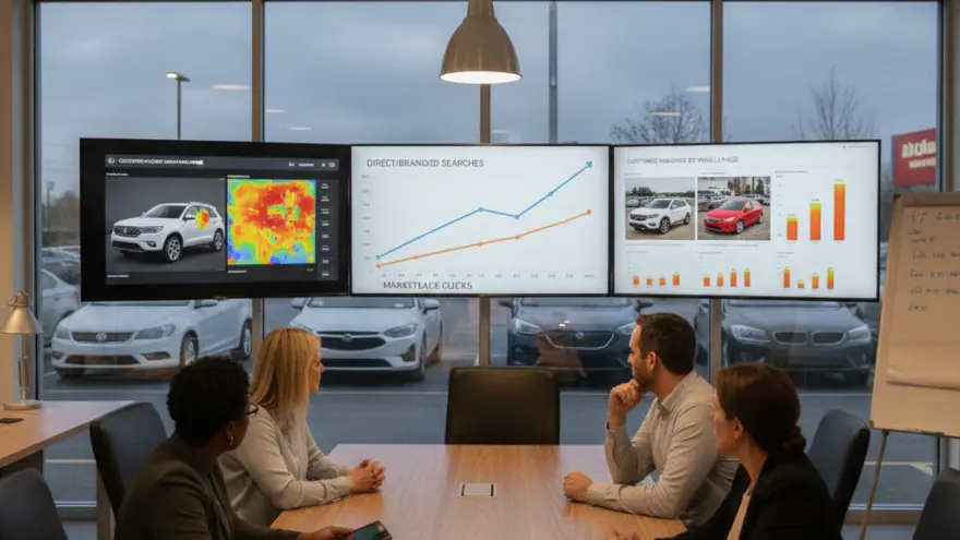 Vier Personen sitzen an einem Konferenztisch und blicken auf drei große Bildschirme mit Daten und Autografiken vor einem Fenster mit Blick auf geparkte Autos.
