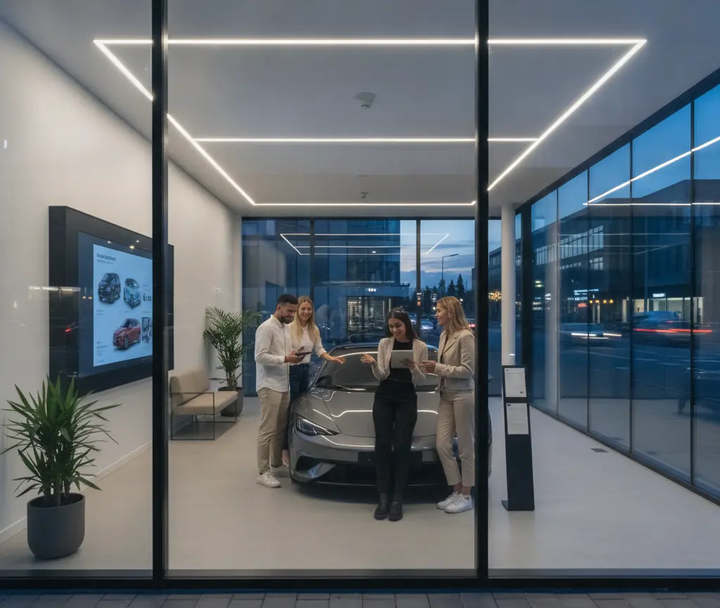 Vier Personen stehen in einem modern beleuchteten Autohaus um ein graues Auto herum und unterhalten sich.