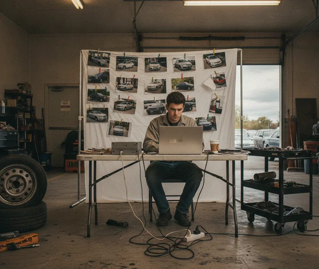 En junge Maa sitzt an eme Klapptisch inere Garage und schafft am Laptop, während im Hintergrund Föteli vo Auto anere gspannte Lihwand hange.