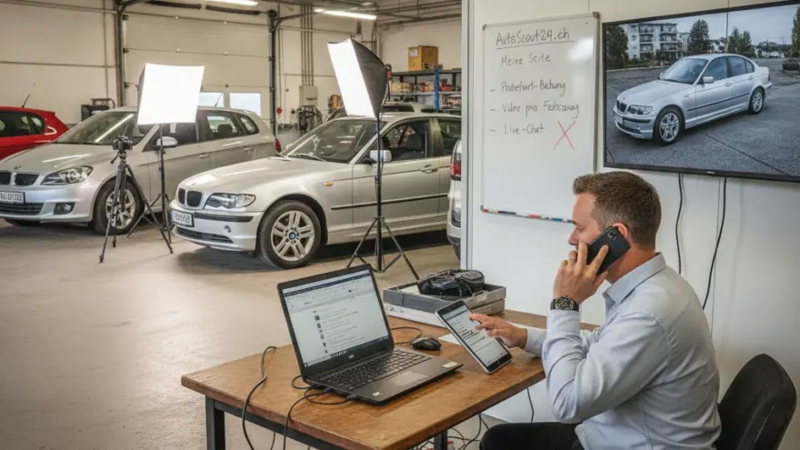 En Maa im Hemmli sitzt amene Schriibtisch mit Laptop und Tablet, telefoniert mit em Smartphone, während im Hintergrund Autos inere Werkstatt mit Studiobelüchtig stönd.