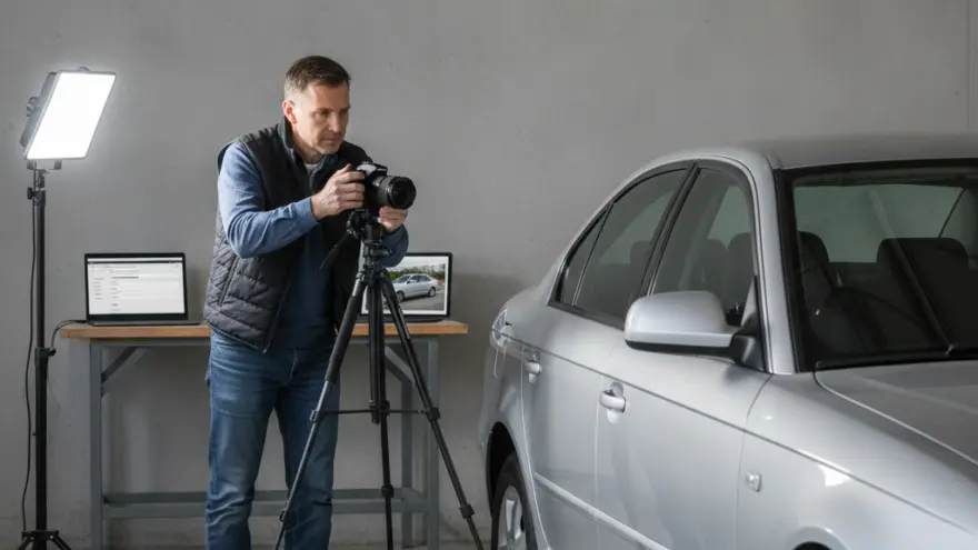 En Fotograf fotografiert es silbrigs Auto inere Halle mit Studiobelüchtig und Stativ.