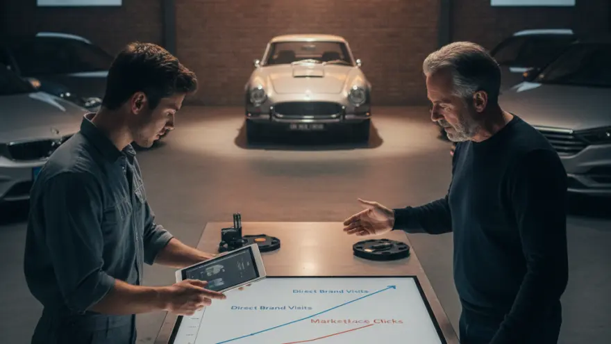 Zwei Männer bespreched Date uf eme grosse Bildschirm inere Garage mit Autos im Hintergrund.