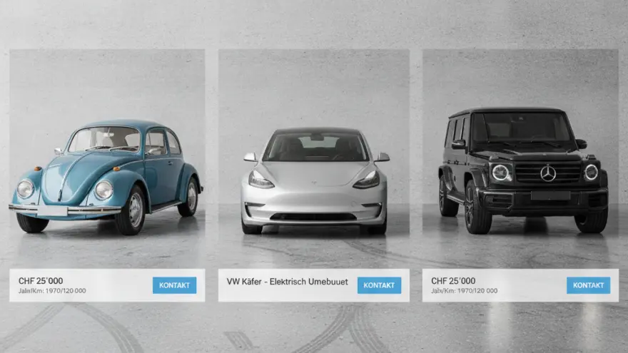 Drei verschideni Auto stönd näbedenand vor ere graue Wand.
