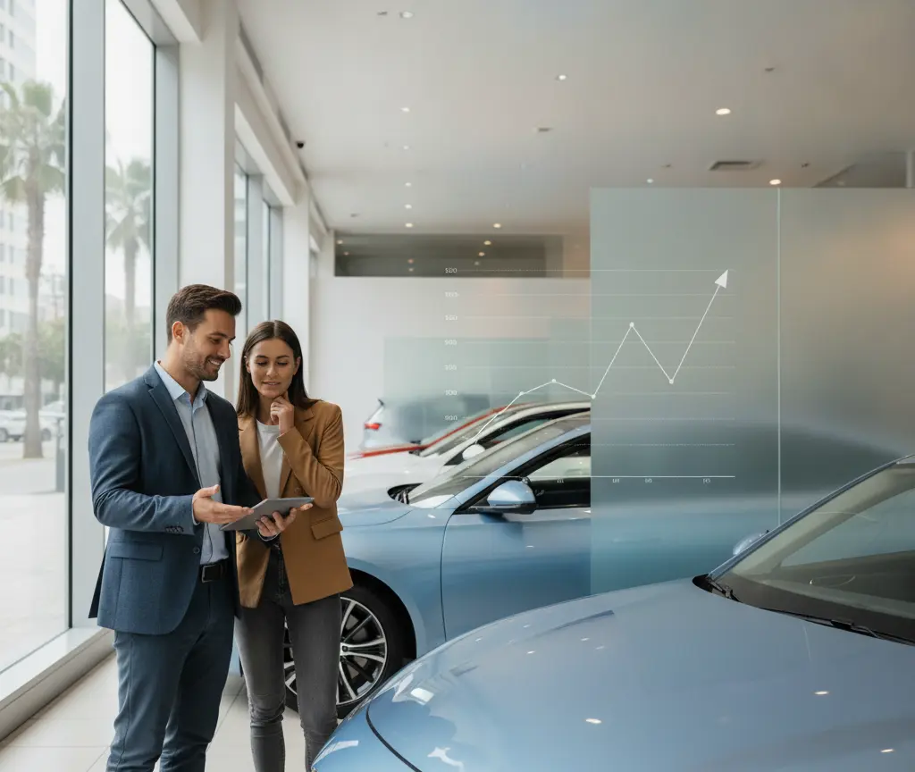 Een man in een pak en een vrouw in een bruine jas kijken samen naar een tablet in een showroom met auto's.