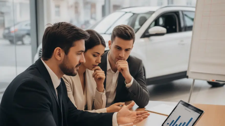 Een man in een pak geeft uitleg aan een zittend koppel aan de hand van een tablet in een showroom met een witte auto op de achtergrond.