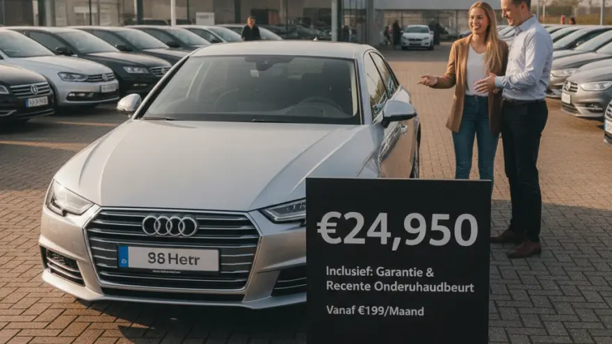 Een man en een vrouw bekijken een zilveren auto op het buitenterrein van een autodealer, met een zwart prijzenbord op de voorgrond.