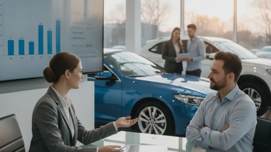 Eine Verkäuferin im grauen Anzug berät einen Kunden an einem Glastisch in einem Autohaus vor einem großen Bildschirm mit Diagrammen.