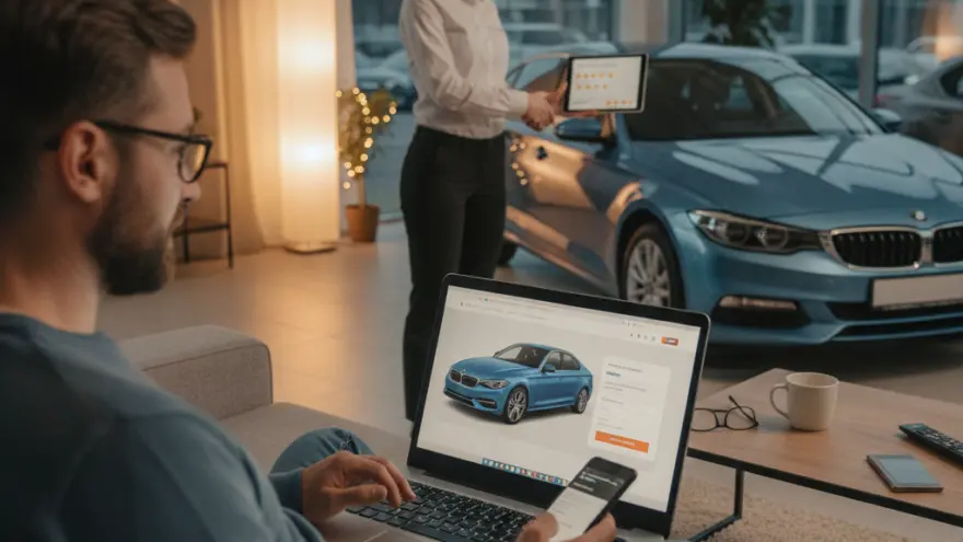 Een man op een bank bekijkt een blauwe auto op zijn laptop en smartphone, terwijl op de achtergrond een verkoopster een tablet vasthoudt naast een echte blauwe auto in een showroom.