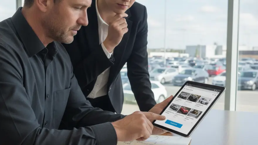 Een man en een vrouw in zakelijke kleding bekijken samen een tablet met afbeeldingen van auto's aan een houten tafel.