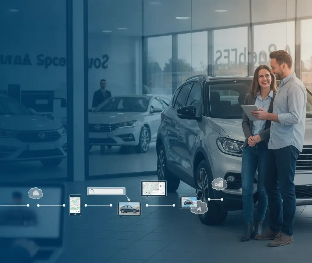 Een lachende man en vrouw bekijken een tablet naast een grijze auto in een showroom.