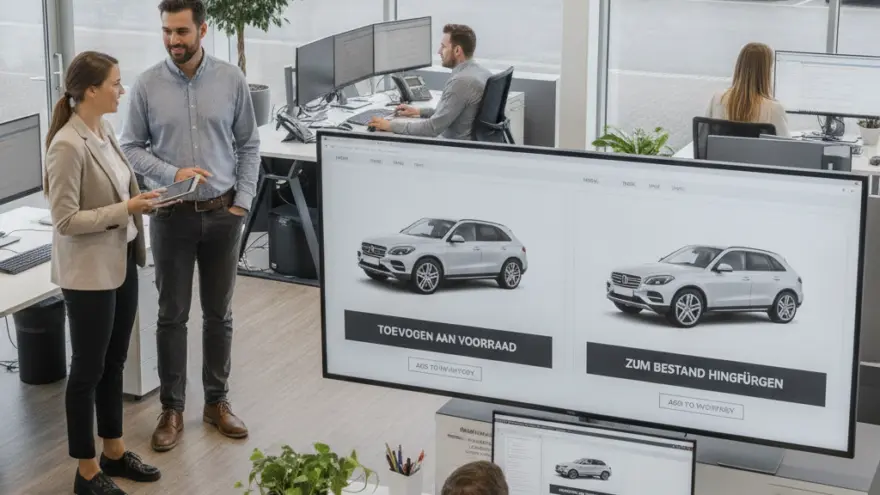 Medewerkers in een modern kantoor van een autodealer met uitzicht op een parkeerplaats vol auto's.