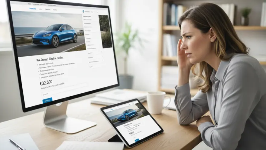 Een bezorgde vrouw kijkt naar een computerscherm waarop een blauwe elektrische auto te koop staat aangeboden.