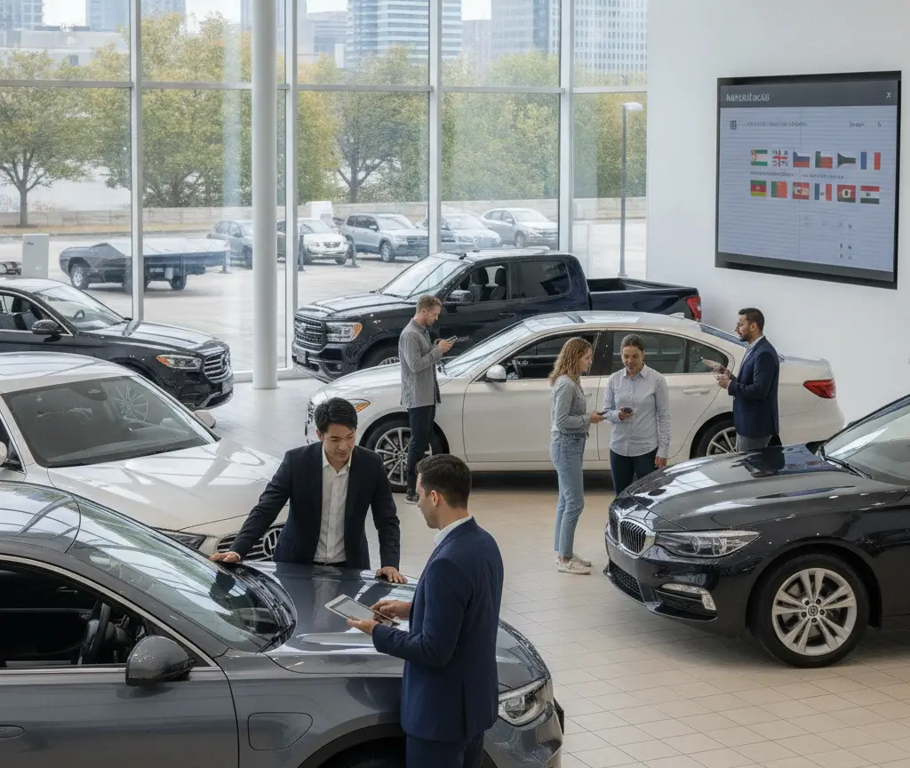 Verschillende mensen bekijken auto's in een lichte showroom met grote ramen en een scherm aan de muur.