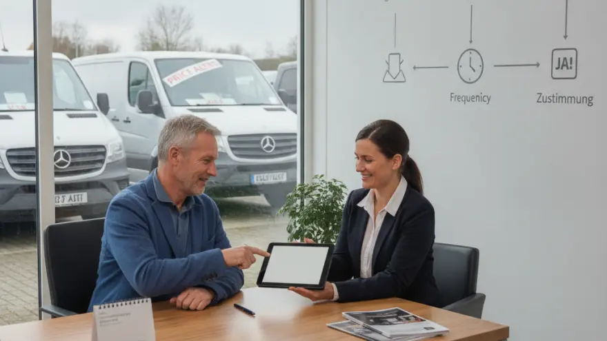 En Verkäuferin zeigt eme Chund imne Autohuus es Tablet am Tisch, während im Hintergrund wissi Lieferwäge duss gparkt sind.