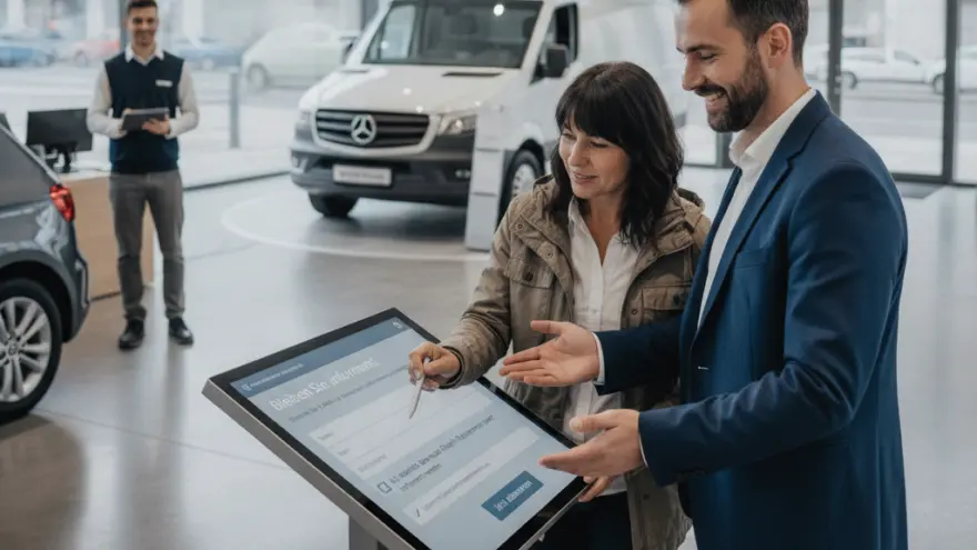 Ein Verkäufer im blauen Anzug berät eine Kundin an einem digitalen Infoterminal in einem Autohaus.