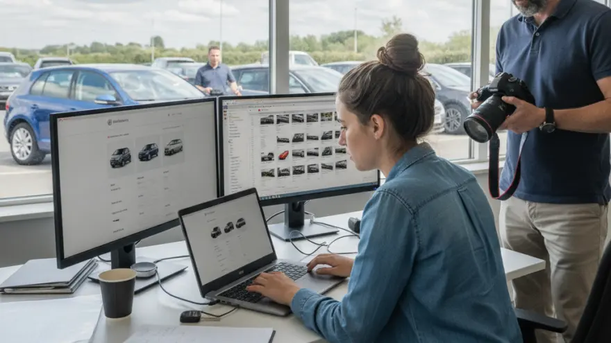 Een vrouw in een spijkerblouse werkt achter een laptop en twee monitoren in een kantoor, terwijl een man met een fototoestel naast haar staat.