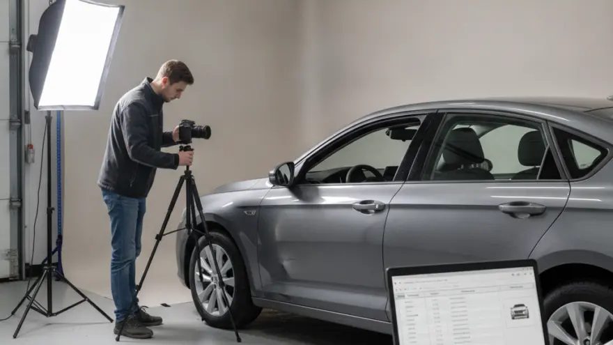 Een fotograaf maakt foto's van een grijze auto in een studio met een camera op statief en een softbox.