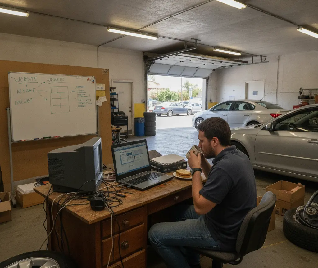 Een man zit aan een houten bureau in een garage en drinkt uit een mok terwijl hij naar een laptop kijkt.