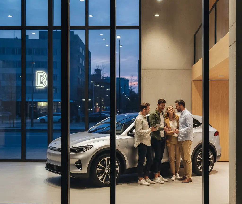 Vier lachende mensen staan in een showroom bij een zilveren auto en kijken naar een tablet.