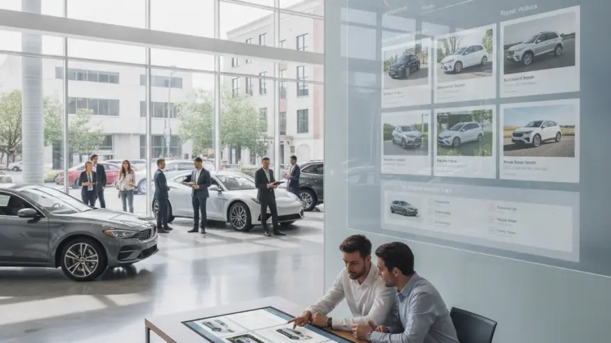 Twee mannen in een moderne showroom bekijken auto-opties op een interactieve tafel, met op de achtergrond andere klanten en auto's.