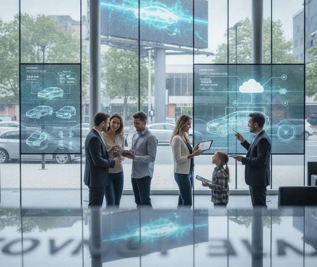 A group of people and a child look at digital screens displaying car schematics inside a modern showroom with large windows.